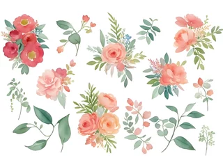 Rolgordijnen Watercolor floral illustration green leaves, pink peach blush, red flowers, rose, Tulips, Dahlia, Lily, Carnation, Orchids, Transvaal daisy, branches. © maxnyc