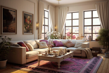 A room with cream walls that are accented with beige, and white furniture and decor, There are small pops of color in the form of pink throw pillows, art, and plants, A vintage rug in shades of purple