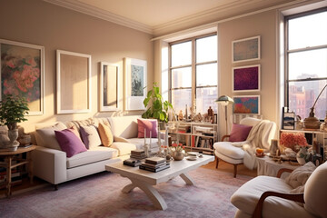 Fototapeta premium A room with cream walls that are accented with beige, and white furniture and decor, There are small pops of color in the form of pink throw pillows, art, and plants, A vintage rug in shades of purple