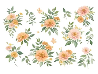 Tuinposter Watercolor floral illustration green leaves, sunflower, orange flowers, rose, Tulips, Dahlia, Lily, Carnation, Orchids, Transvaal daisy, branches. © maxnyc