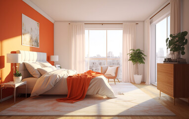 Modern Bright and Airy Orange Bedroom with Natural Light, Generative AI	