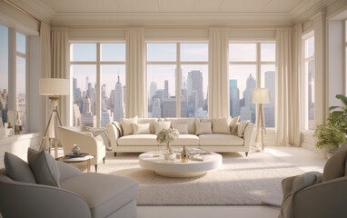 Modern Bright and airy ivory living room with large windows and city view, Generative AI	