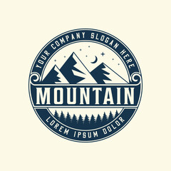 Mountain travel or Adventure, Vintage summer camp badge logo, tourism, hiking, forest camp and emblem style logo
