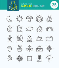 Fototapeta premium Set of Nature Icon Outline Style. Sun, Plant, Flower, Wildlife.