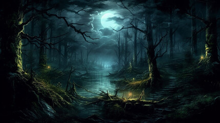 dark night forest, fantasy, moon light, magic light,Generative AI