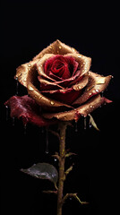 Red valentine love roses gilded; touched with gold texture; dew on petals; close up photography; removable black background; beautiful lovely fresh wet flowers. 