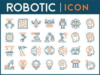 Industrial robot, icon set. Mechanical hydraulic robotic arm for manufacturing, linear icons.