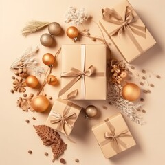 Gift box flat top view. Christmas and New Year surprise gift box. generative ai
