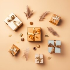 Obraz na płótnie Canvas Gift box flat top view. Christmas and New Year surprise gift box. generative ai