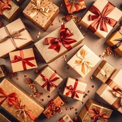 Gift box flat top view. Christmas and New Year surprise gift box. generative ai