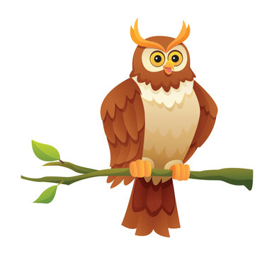 Cute owl sitting on branch cartoon illustration isolated on white background