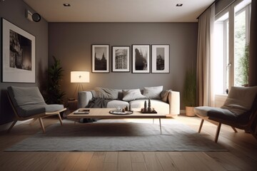 Modern living room interior design. 3d render illustration mock up, generative Ai
