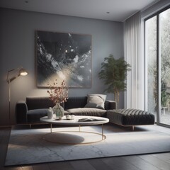 interior with black sofa, coffee table and window. 3D render, generative Ai