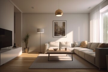 Living room interior with sofa and coffee table. 3d render, generative Ai