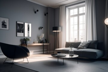 Naklejka na ściany i meble Interior of modern living room with gray walls, carpet on the floor, comfortable sofa and coffee table. 3d rendering, generative Ai