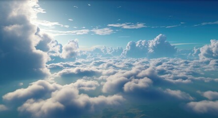 Beautiful aerial view above clouds on blue sky. 3D illustration, generative Ai