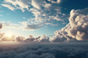 Beautiful aerial view above clouds at sunset. 3d render illustration, generative Ai