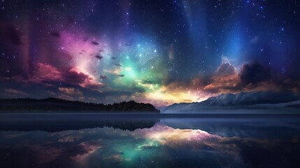 Fototapeta na wymiar Fantasy landscape with lake and aurora borealis in the sky, generative Ai