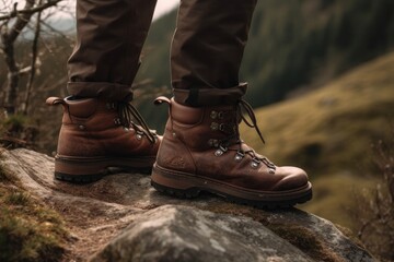 Hiking boots in the mountains. A man standing on top of the mountain, generative Ai