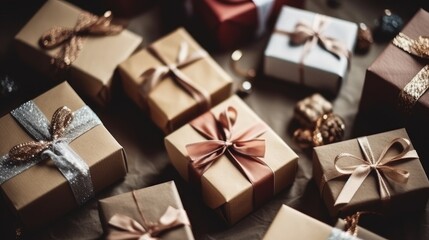 Gift box flat top view. Christmas and New Year surprise gift box. generative ai