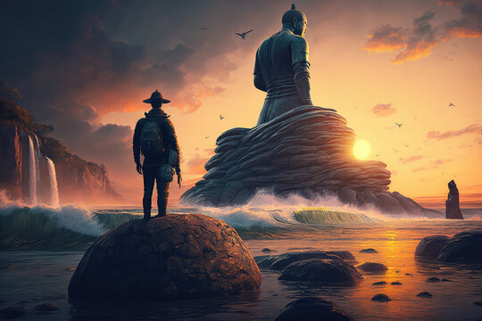 Digital illustration painting design style fisherman standing on the rock and looking at to big statue of Buddha statue, against sunset. (ai generated)
