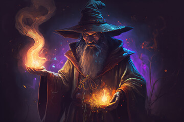 Wizard casting a spell against a fantasy concept art character (ai generated) - obrazy, fototapety, plakaty
