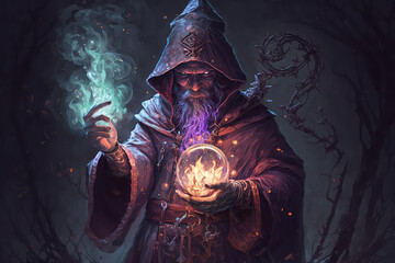 Obraz premium Wizard casting a spell against a fantasy concept art character (ai generated)