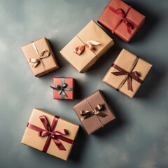 Gift box flat top view. Christmas and New Year surprise gift box. generative ai