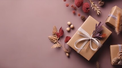 Gift box flat top view. Christmas and New Year surprise gift box. generative ai