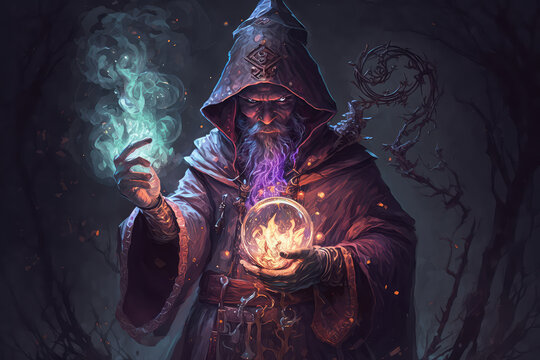 Wizard casting a spell against a fantasy concept art character (ai generated)