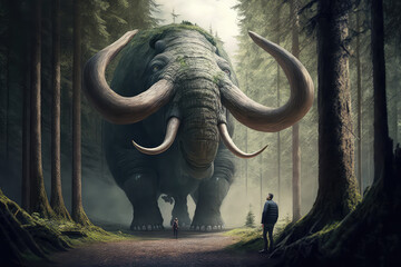 Obraz premium illustration painting of a man looking mammoth monster in the forest, digital art style. (ai generated)