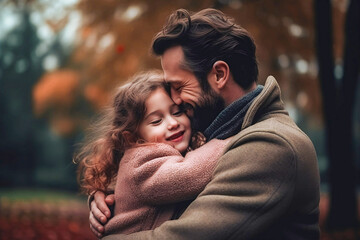 Fototapeta premium father hugs daughter in the park, father's day, loving moment, generative ai
