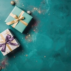 Gift box flat top view. Christmas and New Year surprise gift box. generative ai