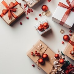Naklejka na ściany i meble Gift box flat top view. Christmas and New Year surprise gift box. generative ai