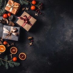 Gift box flat top view. Christmas and New Year surprise gift box. generative ai