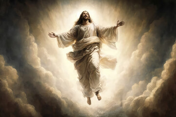 illustration painting of The resurrected Jesus Christ ascending to heaven above the bright light sky and clouds and God, Heaven and Second Coming concept (ai generated)