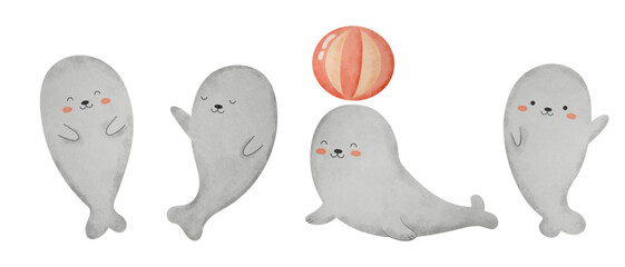 Water color cartoon aquatic set for stickers and emoji avatars of ocean and sea characters isolated on white background.