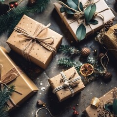 Gift box flat top view. Christmas and New Year surprise gift box. generative ai