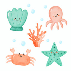 Water color cartoon aquatic set for stickers and emoji avatars of ocean and sea characters isolated on white background.