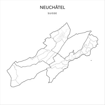 Vector Map of the Canton of Neuch&acirc;tel with the Administrative Borders of Regions, Former Districts, Municipalities (Communes) and Neuch&acirc;tel and La Chaux-de-Fonds Quarters as of 2023 - Switzerland