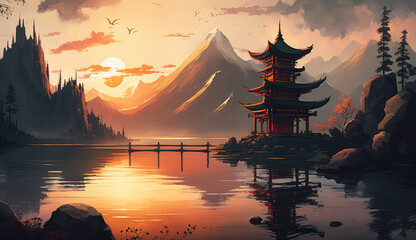 Digital painting fantasy painting of a chinese temple at sunset, digital illustration, illustration painting (ai generated)