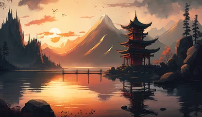 Fotobehang Digital painting fantasy painting of a chinese temple at sunset, digital illustration, illustration painting (ai generated) © ImagineDesign