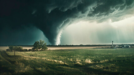 A powerful tornado in the field. Thick dark clouds and rain. Generative AI
