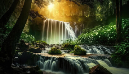 beautiful deep forest waterfall with sunset (ai generated)
