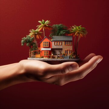 A hand holding a 3D rendered house.