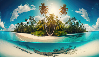 Obraz na płótnie Canvas Tropical Island And Coral Reef - Split View With Waterline (ai generated)