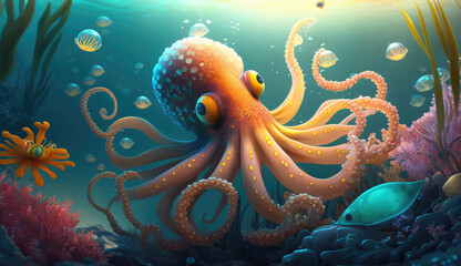 Fototapeta na wymiar Image for 3d floor. Underwater world. Cartoons Octopus. corals. (ai generated)