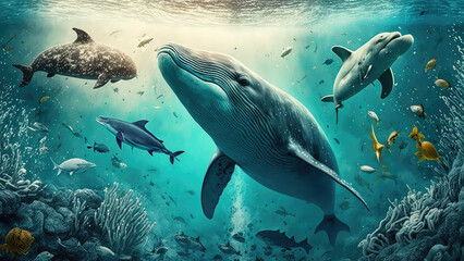 Fototapeta premium Animals of the underwater sea world. Ecosystem. Colorful tropical whale. Life in the coral reef. (ai generated)