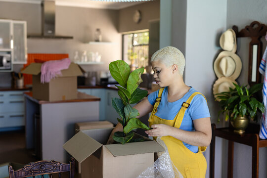 Happy fashionable unaltered biracial woman packing possessions in boxes to move house