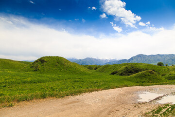 Beautiful spring and summer landscape. Mountain country road among green hills. Lush green hills, high mountains. Summer natural background.